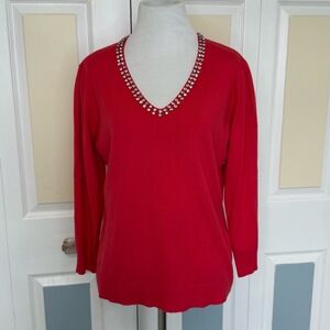 LIV Milano Womens Sweater Size M Red Rhinestone V Neck Soft Blend Glamorous